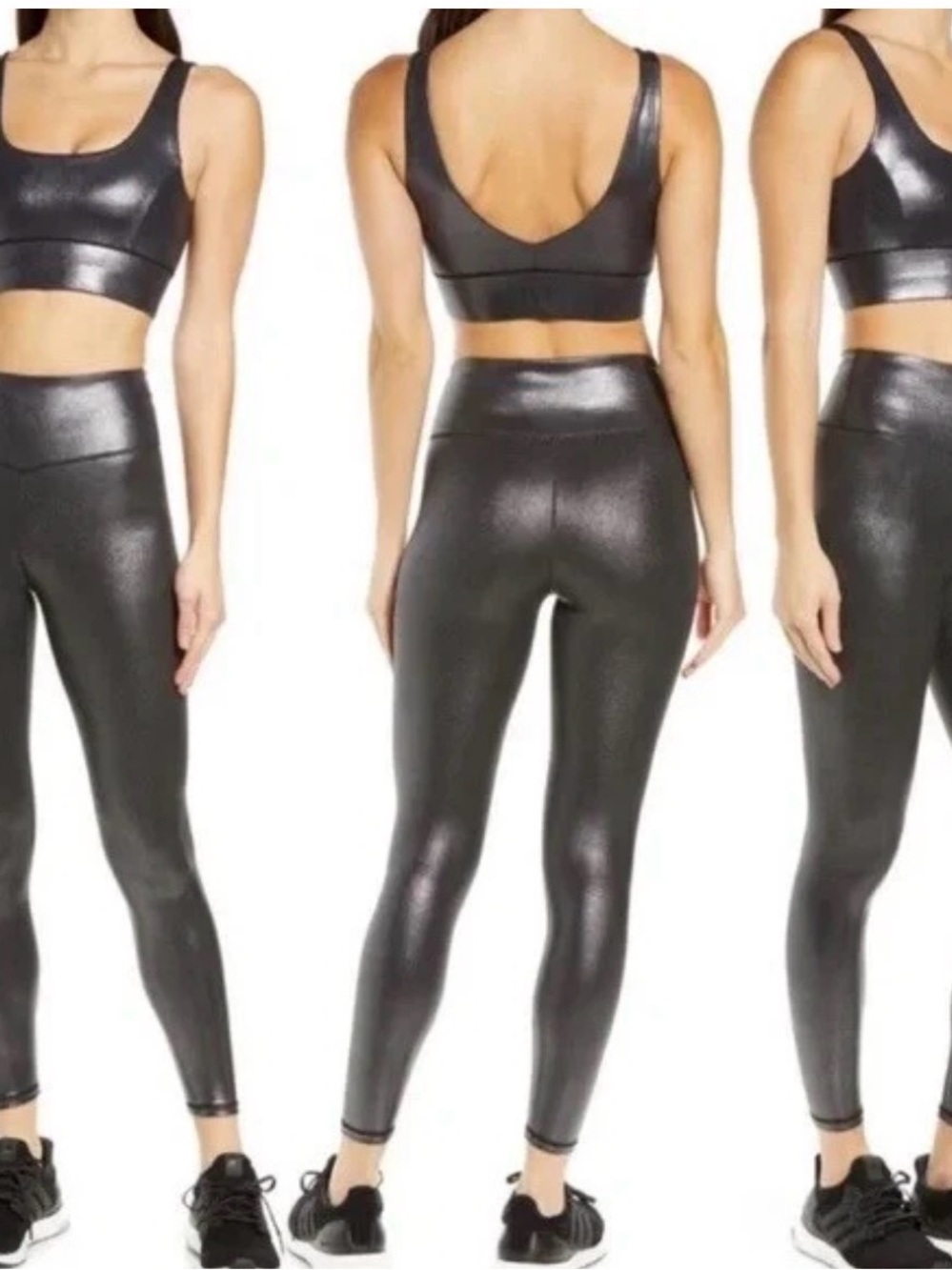 Sleek Metallic Black High-Waist Leggings and Bra Set